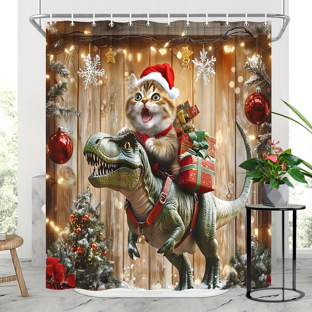 Happy Christmas Cat Riding Dinosaur with Gift Shower Curtain, Perfect for Festivals and Comfortable Atmosphere