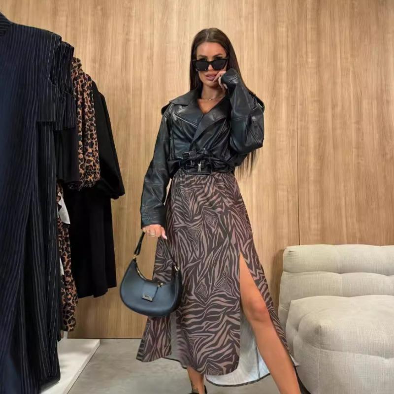 Herbst Damenmode Hohe Taille Schmal Geteilter Bedruckter Halbkörperrock