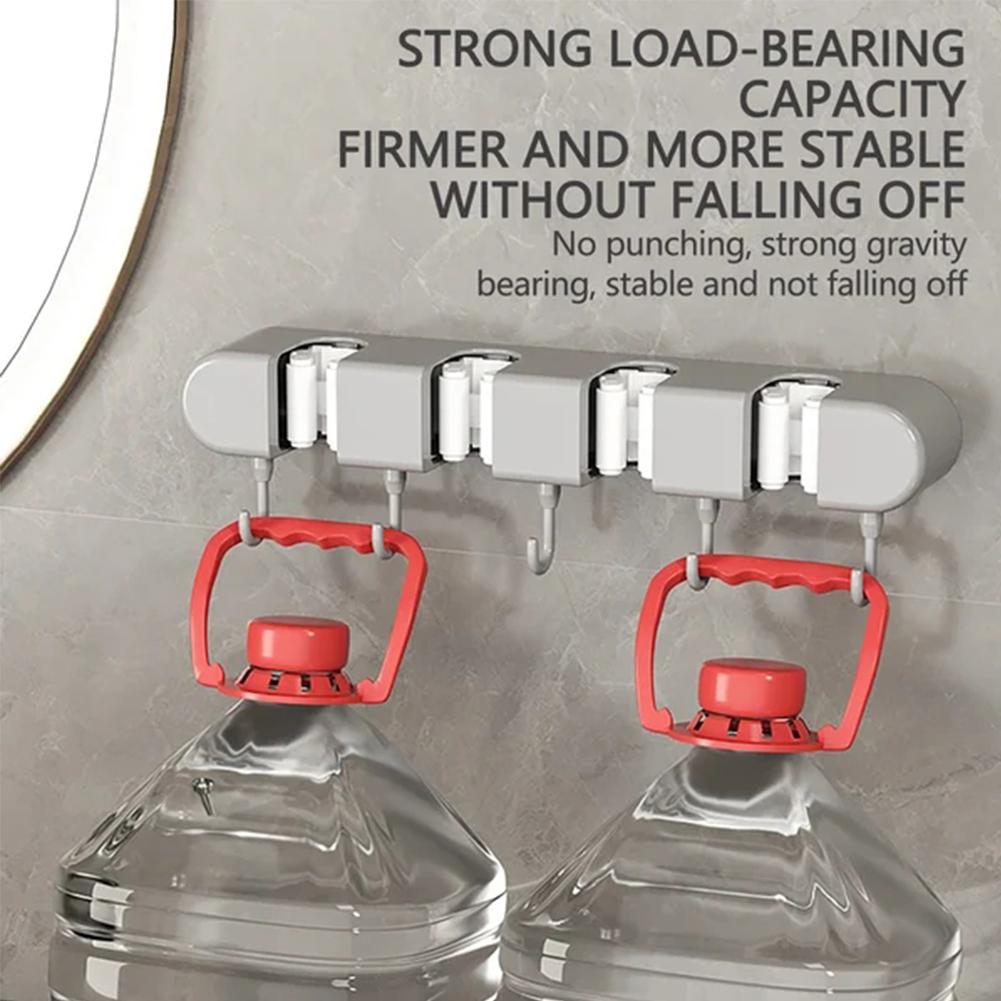 Mop Hook Hanging Broom Clamp Holder Multifunctional Mop Wall Hanging Rack Self-Adhesive with 4 Slots & 5 Hooks for Garden Garage