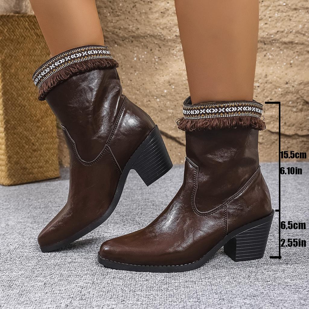 Western Boots Women Shoes Autumn Winter Fashion Embroidered Pointed Toe Square Heel Mid-Calf Vintage Knight Boots Plus Size 43