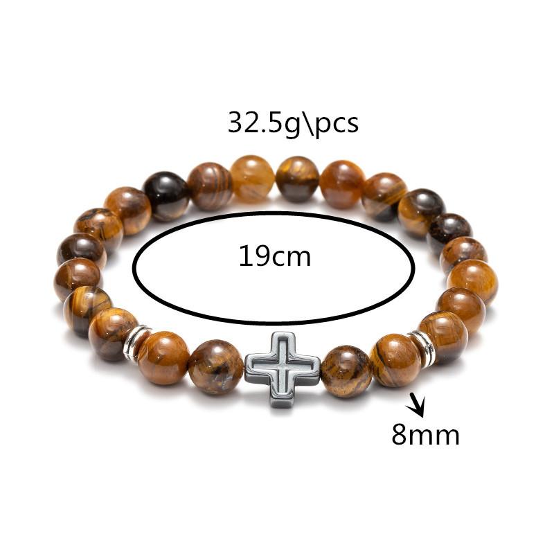 Fashion Religion Cross Men Women 8mm Natural Stone Tiger Eye Volcanic Rock Bead Bracelet Elastic Bracelet Bangle Jewelry