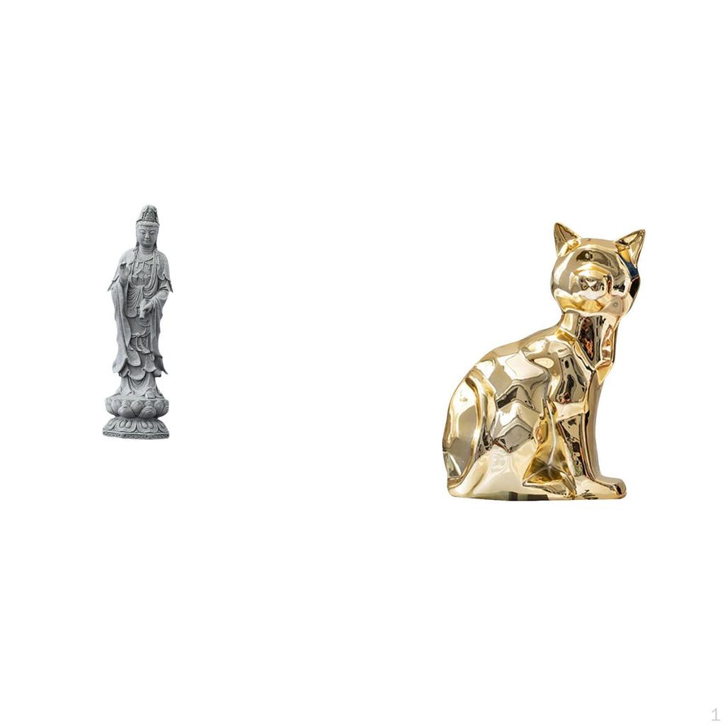 Guan Yin Cat Statue Stone Ornament Artwork Feng Shui Collection Chinese Female Buddha Sculpture
