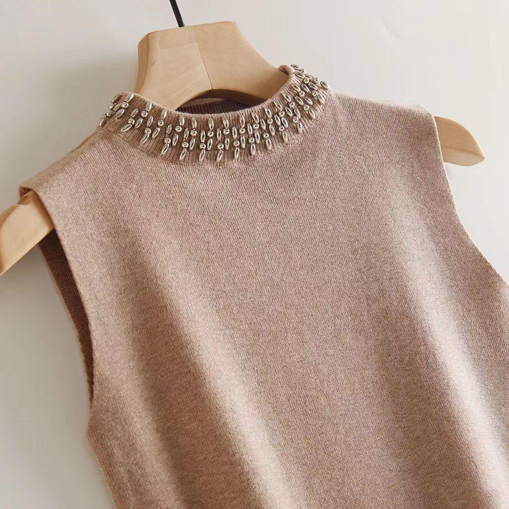 Gilet in Maglia Fatto a Mano Retrò Romantico con Perline ad Scollo Alto Senza Maniche per Donna Primavera/Estate 2026