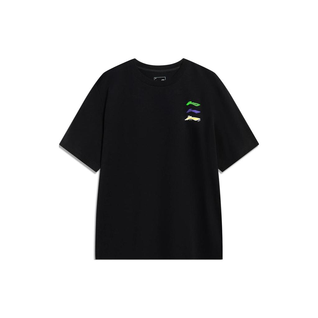 Li-Ning Loose Short Sleeve Round Neck T-shirt with Logo Print and Drop Shoulder Unisex Tops Black AHST787-4