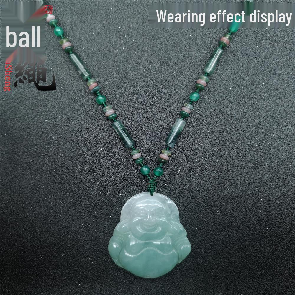 Natural Jade and Red Agate Bead Pendant Necklace Rope