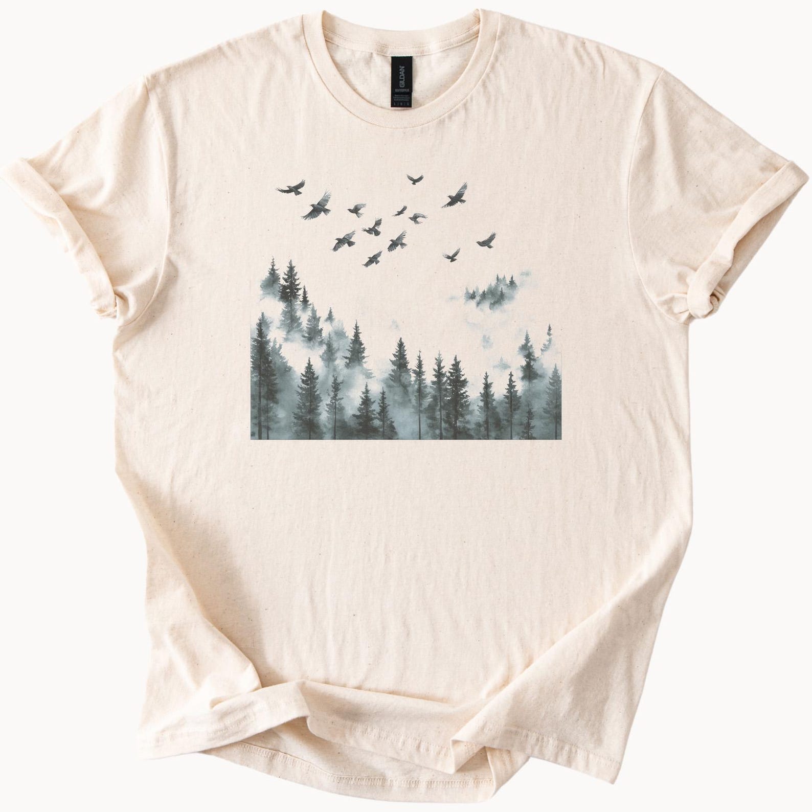 Forest Birds Flying Over Misty Pine Trees Graphic Nature Shirt Woodland Landscape Tee Outdoorsy Hiking Adventure TShirt Gift 140