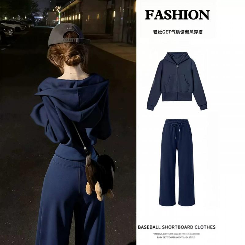 Womens Navy Short Hoodie Sweatshirt Tracksuit Set Fall Korean Casual Outfit
