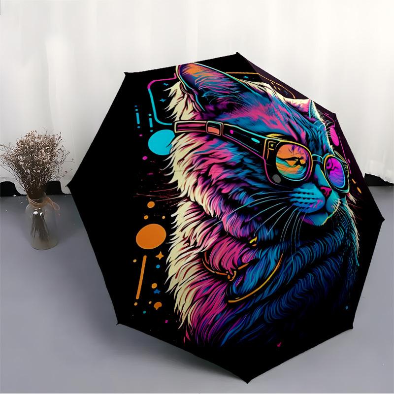 1pc Neon Cat Automatic Open/Close Umbrella Sturdy Iron Frame, Compact Travel Umbrella - Perfect Gift for Women, Men, Birthdays016