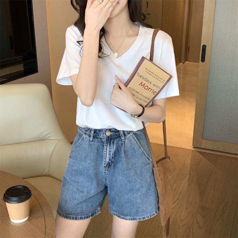 

2025 Лето V-образный вырез Неровный подол Горячая девушка Футболка с коротким рукавом для женщин M