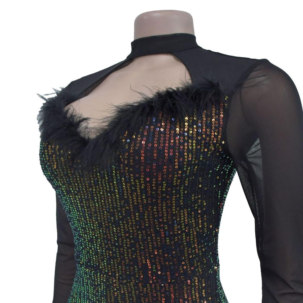 C7055 European & American Sequin Deep V Long Sleeve Mini Dress - Women's Fashion
