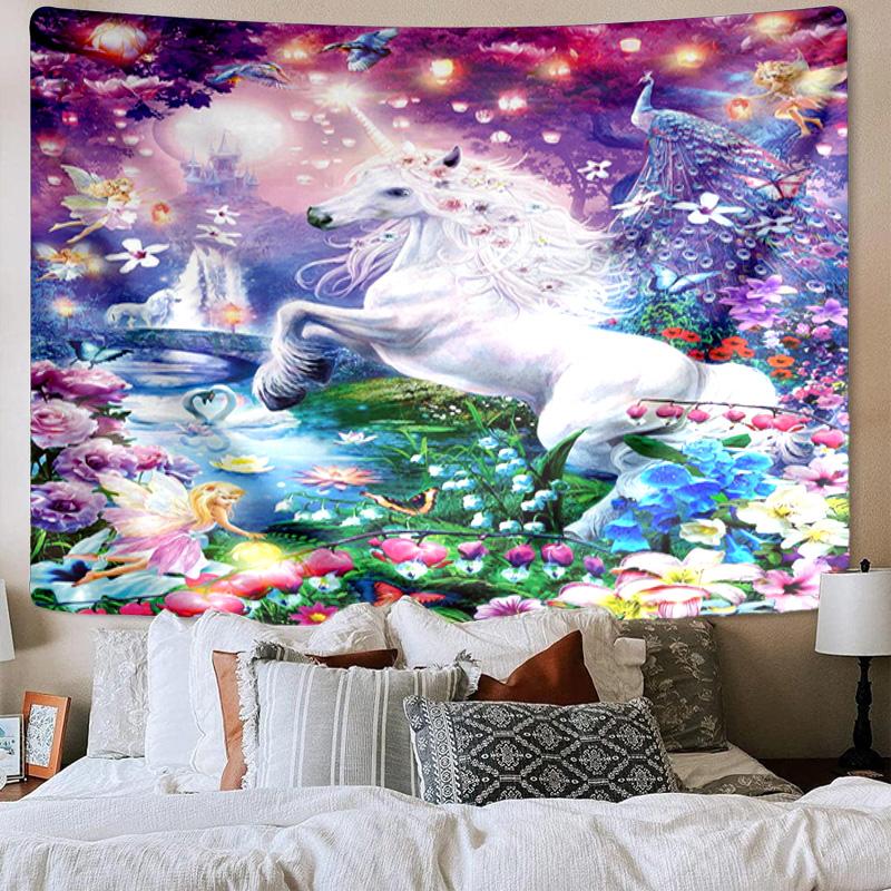 Unicorn In Enchanted Garden Tapestry Room Decoration Wall Hanging for Living Room Bedroom, dormitory, Birthday and Christmas gifts