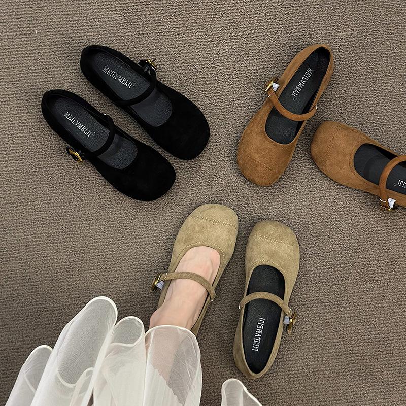Suede Fairy Wind with Skirt Shallow Mouth Single Shoes Spring 2024 New Flat Shoes Retro Round Head Mary Jane Shoes