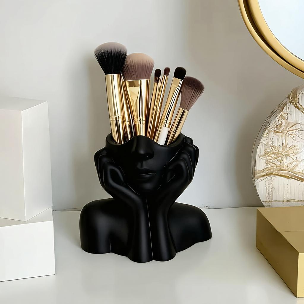 1pc Facial Styling Makeup Brush Holder | Black and White PVC Makeup Storage Box Designed for Women/Ladies' Faces - Lightweight and Portable, Suitable