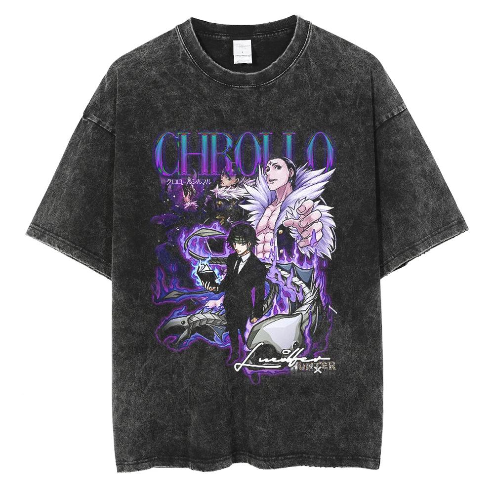HUNTERHUNTER T Shirt Kurapika Manga Tshirt Men Women Hip Hop Washed Cotton Tshirt Clothing Summer Short Sleeve Tees Streetwear