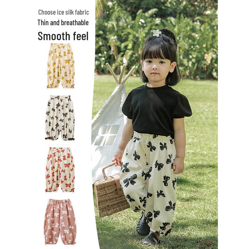 

Wuli Bu Girl s Wide-Leg Long Pants with Bow Print - Summer 2025 Edition 120 cm