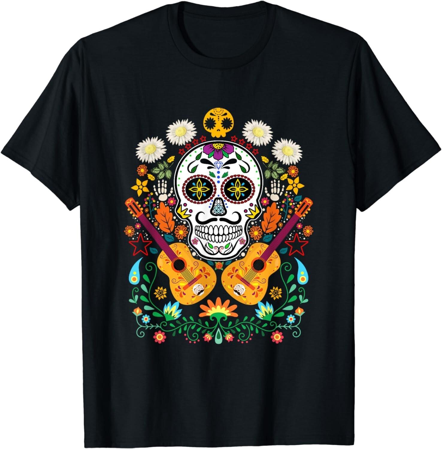 Flower Guitar Skull Day of the Dead T-Shirt Gifts Mariachi Gift Unisex T-Shirt S