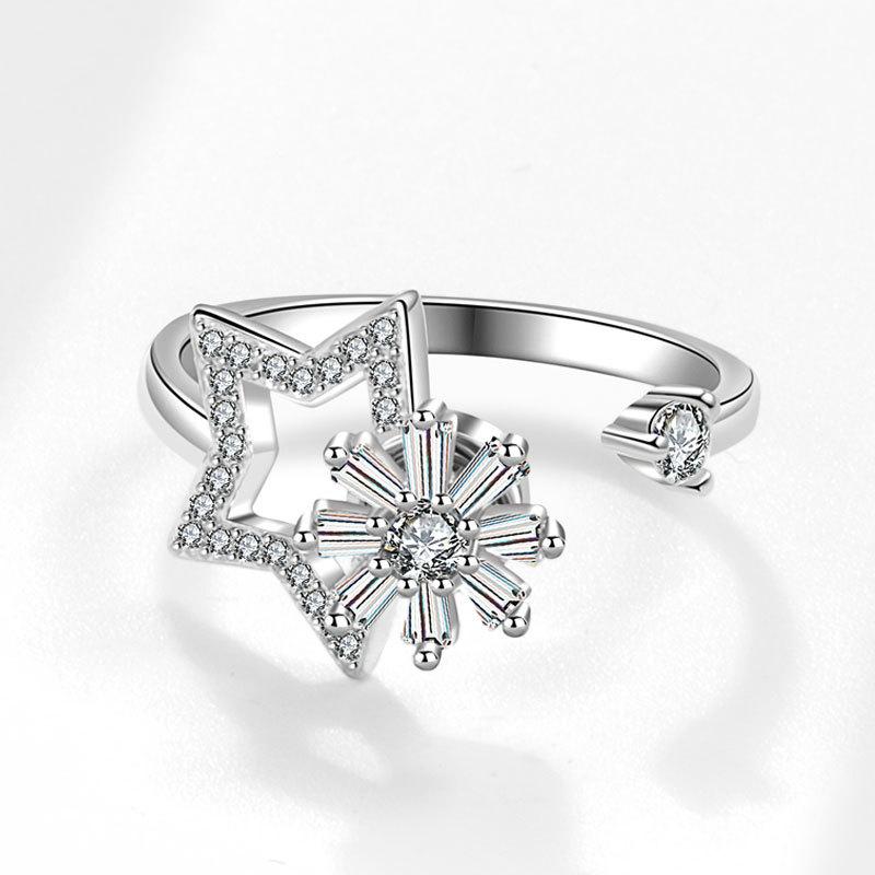 Flower Copper Inlaid Sparkling Rhinestones Rotatable Women'S Engagement Ring Anti-Stress And Anxiety Relife Spinning Ring