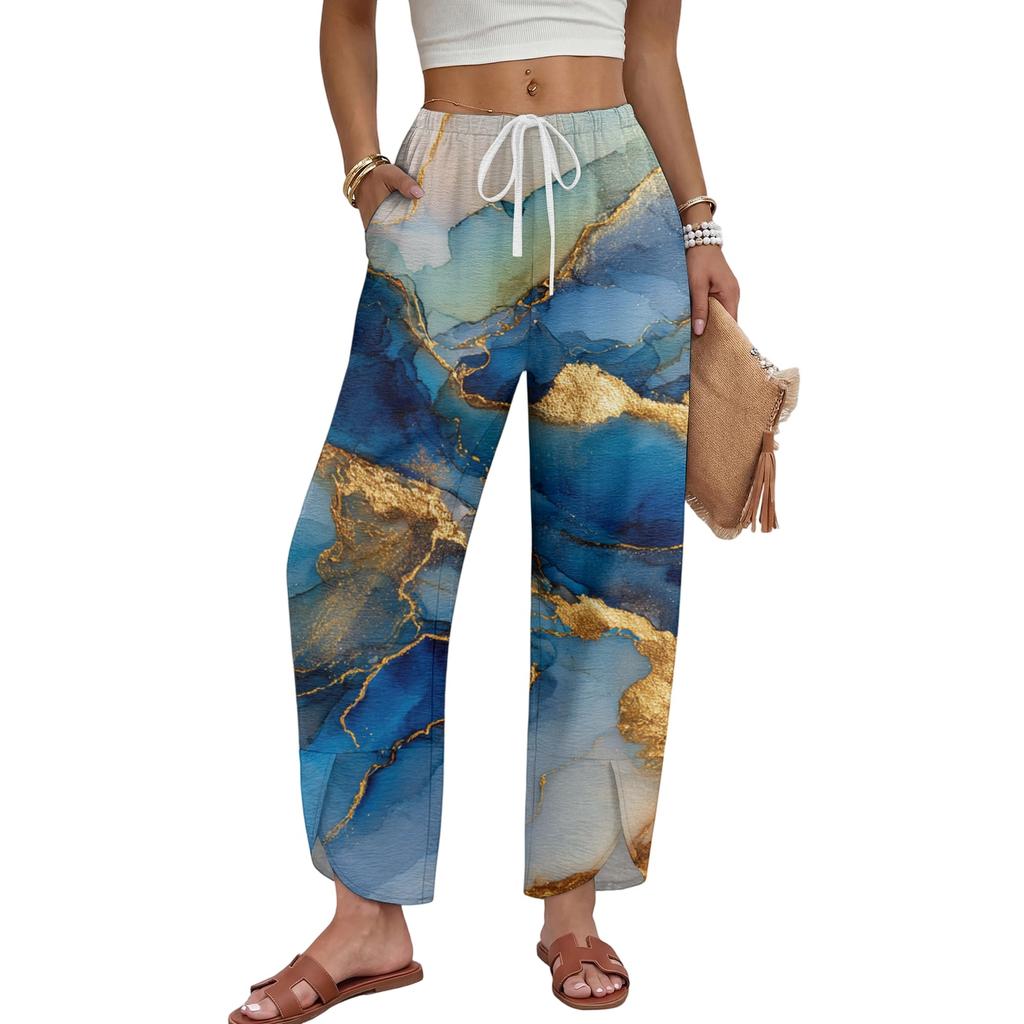 Women Casual Wide Leg Pants Marble Print Loose Fit Drawstring Waist Straight Leg Trousers Comfortable Lightweight Fabric