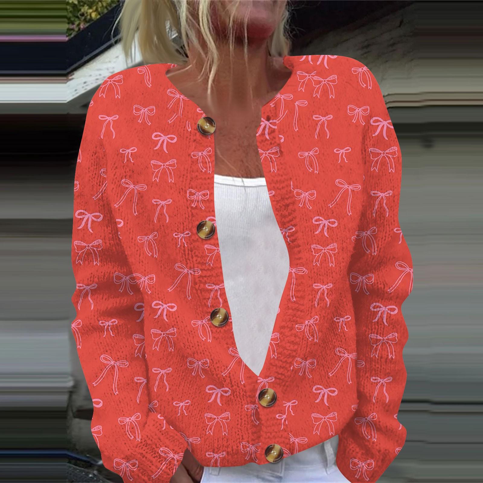 

Женская мода с принтом банта, длинный рукав, вязаный кардиган, куртка на пуговицах XL киноварь