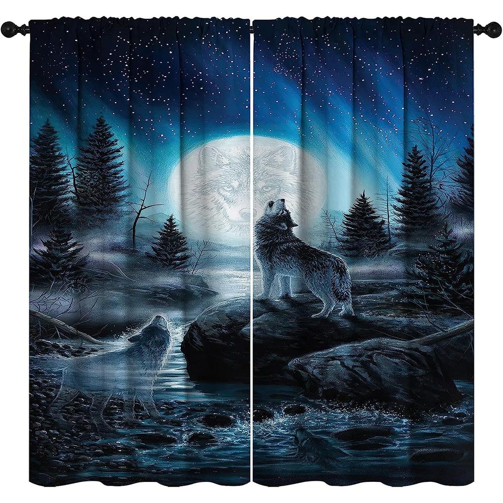 Fialová Galaxy Wolf Wolves 3D tištěná tenká záclona do ložnice Obývací pokoj Hotelové okno 2 panely 65% ​​Sluneční clona
