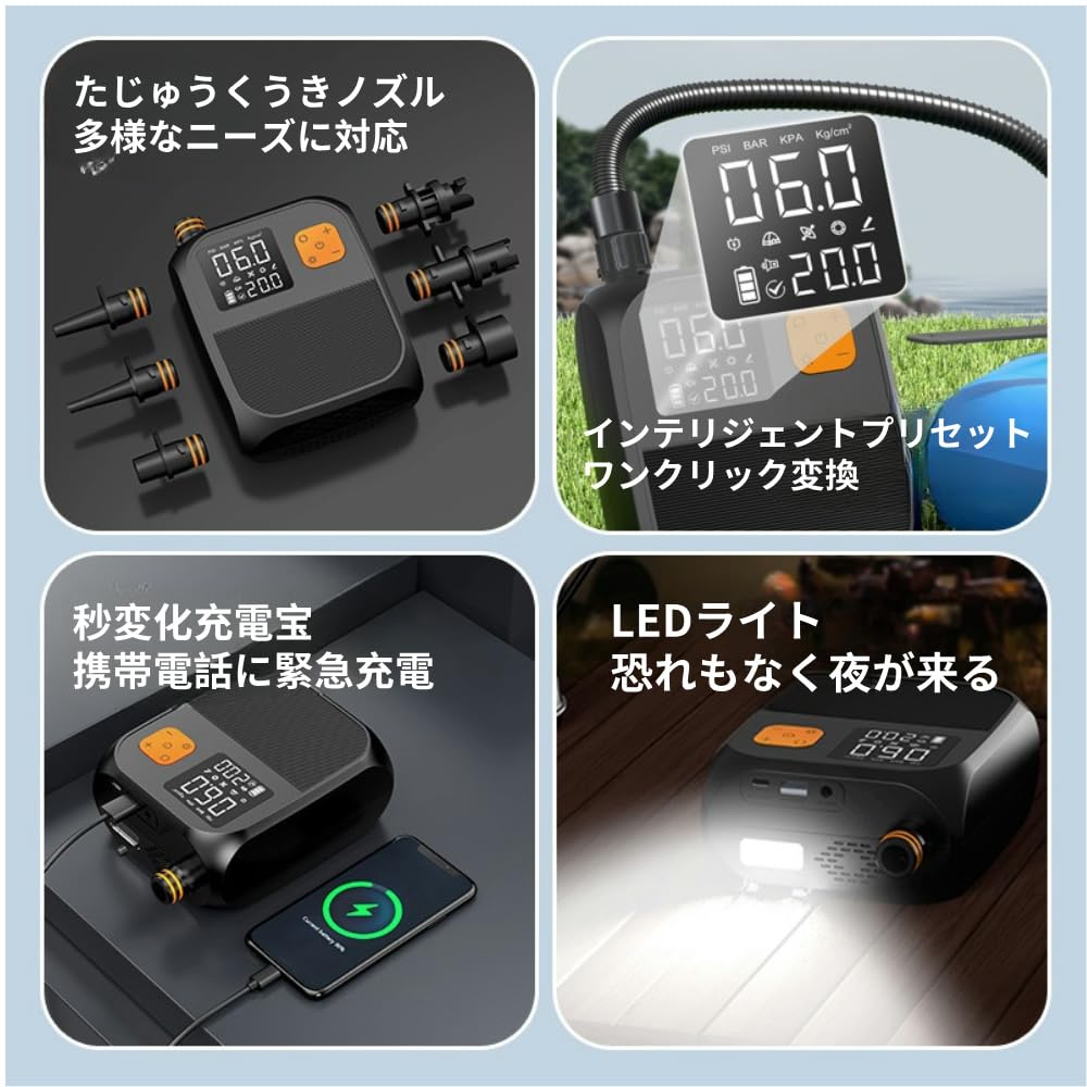 Electric Air Pump, 25 PSI, SUP, with 6 Nozzles, Auto-Shutoff Function, Overheating Protection, Built-in Light, Compatible with 12V DC Cigarette Lighte