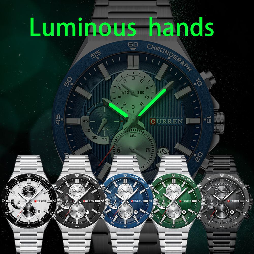 CURREN Sporty Elegant 43mm Men's Chronograph Dial Watch with Stainless Steel Band Luminous Hands Quartzt Wristwatch for Men