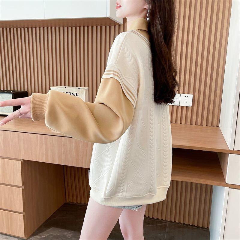 Fake Two Piece Sweatshirt for Women Autumn New Style Loose Design College Style Niche Pullover Long Sleeves