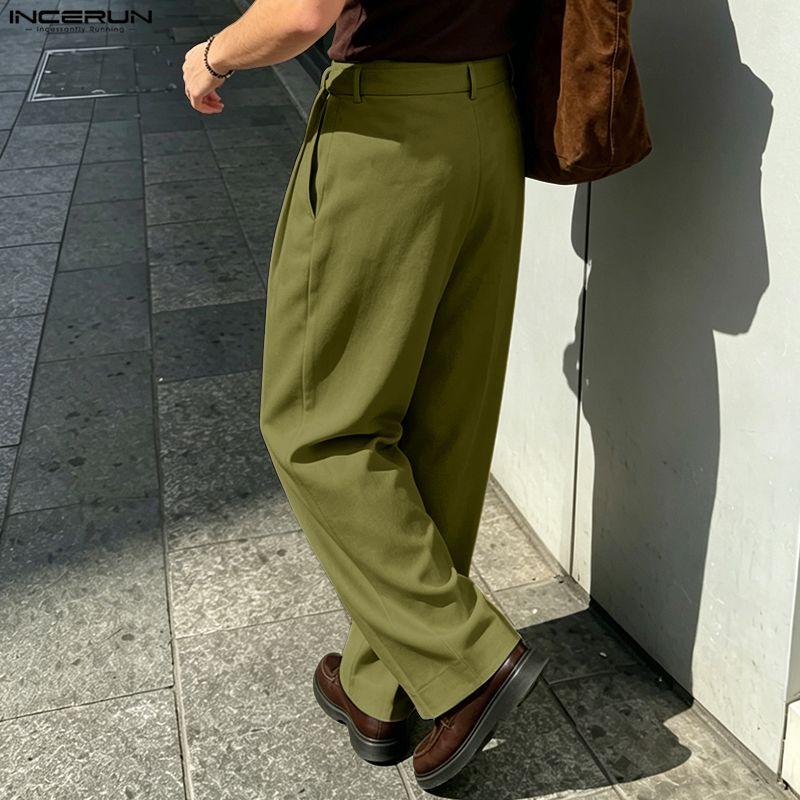 INCERUN Men's Zip-up Waist Casual Pleated Trousers Loose Wide Leg Pants with Belt Slacks