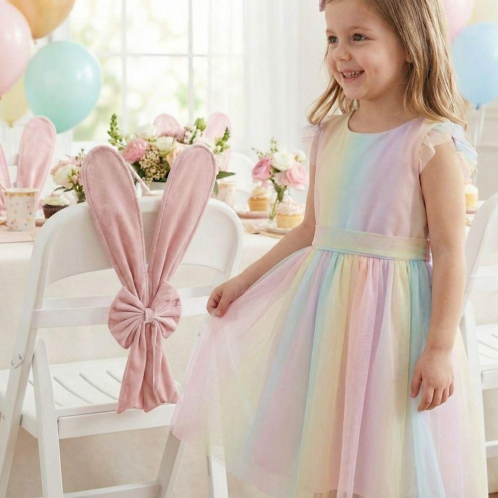 Removable Bunny Ear Slipcover Elastic Straps Chair Ribbons Easter Bow Ornaments Restaurant Decor