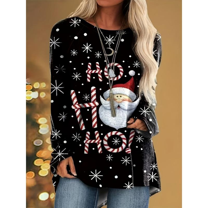 2025 new Plus size women's Santa Claus print casual long sleeve round neck T-shirt