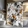 1Pc Grey And Gold Floral Patterned Shower Curtain With Hooks, Polyester Fabric, Suitable For Bathroom Dcor.