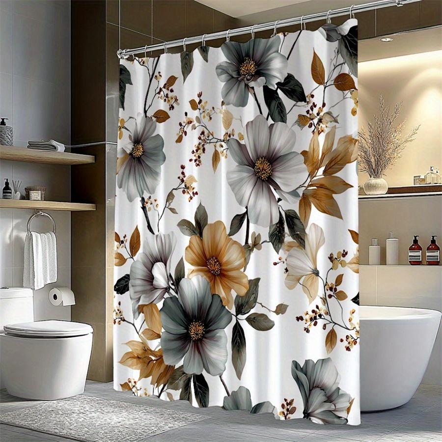 1Pc Grey And Gold Floral Patterned Shower Curtain With Hooks, Polyester Fabric, Suitable For Bathroom Dcor.