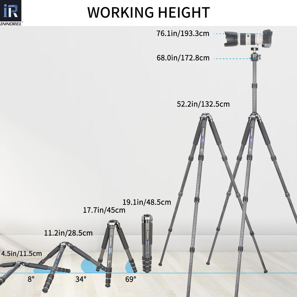 INNOREL Camera Tripod Carbon Tripod Single Lens Reflex Tripod with Ball Head 4 Steps Telescopic Working Height Pipe Diameter 25KG Maximum Load