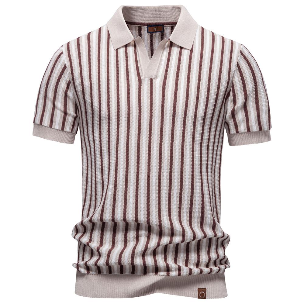 

AIOPESON Men s Striped Polo Shirt Turn Down Collar Ice Silk Short Sleeve Smart Casual Vintage Old Money V Neck Knit Top EUR XXL 95-105kg абрикосовий