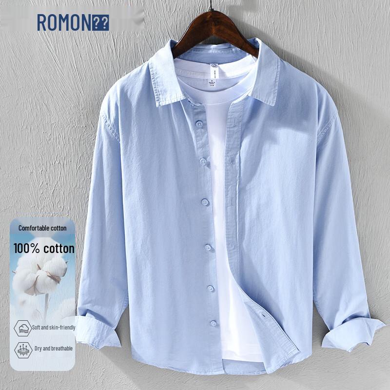 ROMON Men's 100% Cotton Long-Sleeve Casual Shirt