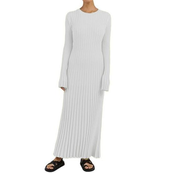 Women's Long Sleeve Ribbed Knitted Maxi Dress Crew Neck Bodycon Sweater Dress Elastic Slim Tie Waist Pencil Long Dress