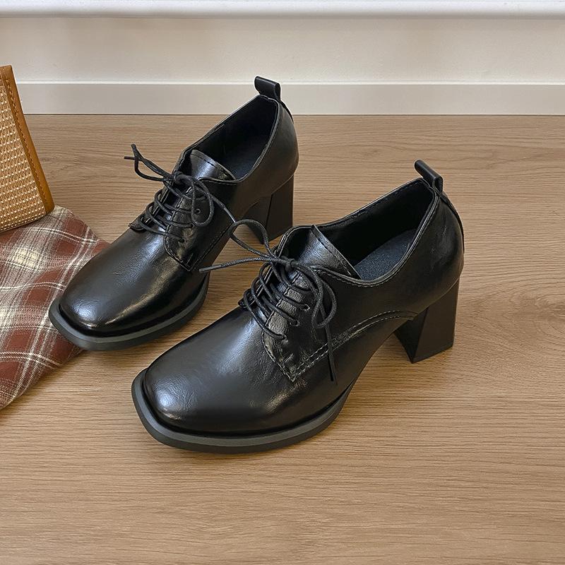Fashion Soft Leather Retro Lace Up Single Shoes for Women 2025 Spring Autumn Square Toe Pumps French Thick High Heels for Women Footwear