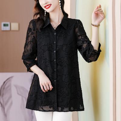 Spring Black Chiffon Shirt Women Long Sleeve Mid-length Women Tops and Blouses Turn-down Collar Office Shirt Female Loose