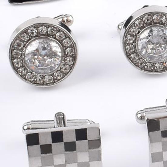 1 Pair Men Cufflinks Polished Smooth Surface Rhinestones Inlaid Rectangle Round Twist Shape Suit Shirt Cufflinks Button Replacement Accessories