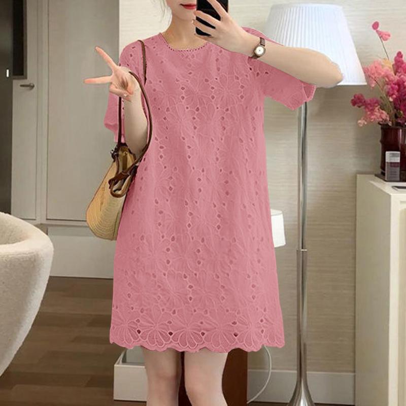 ZANZEA Rochie Casual de Damă cu Gât Rotund, Mânecă Scurtă, Patchwork, Brodată