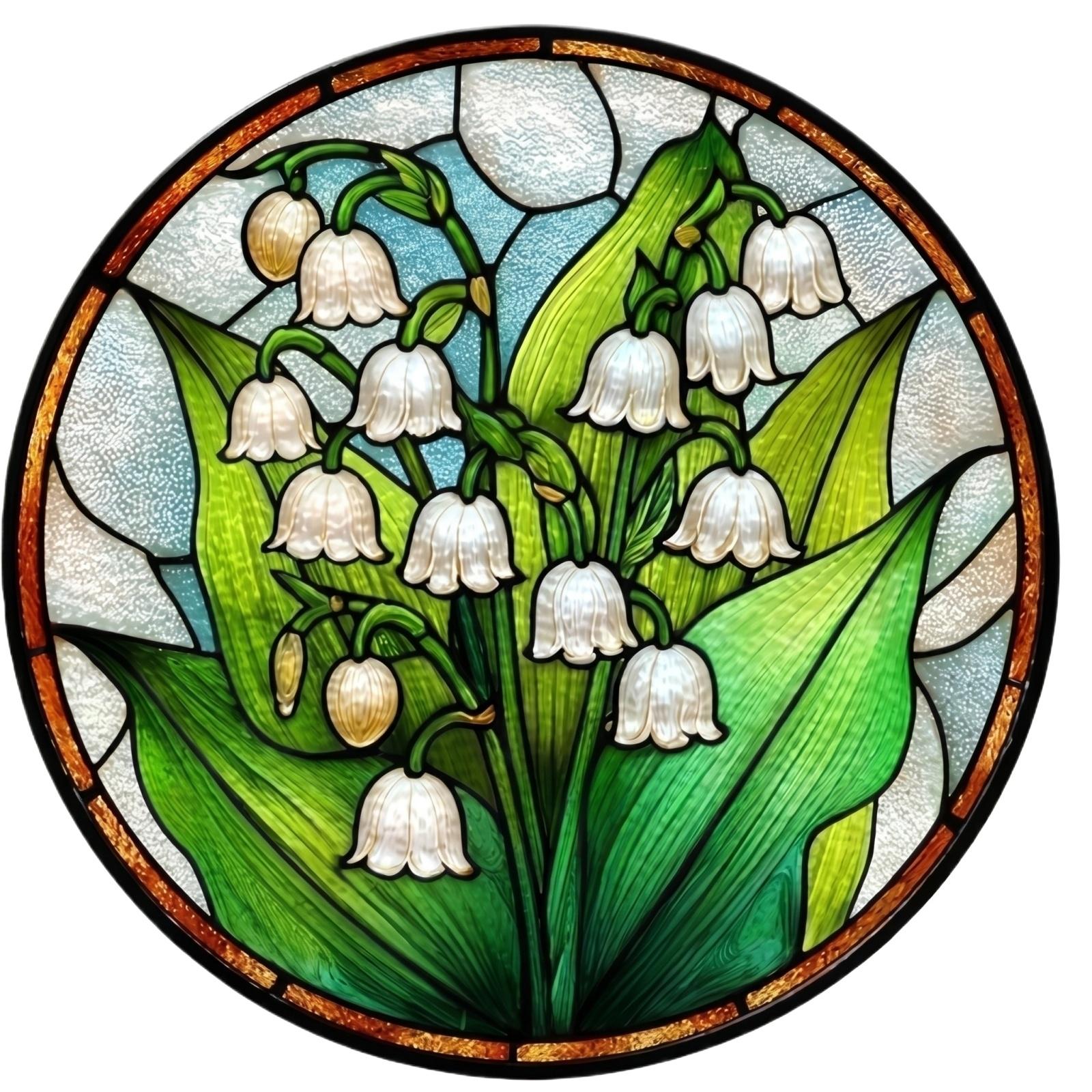 

Stained Glass Window Hanging Panel with Butterfly and Lily of the Valley Art Glass Suncatcher for Home Decoration Festival Ornament Gift One Size
