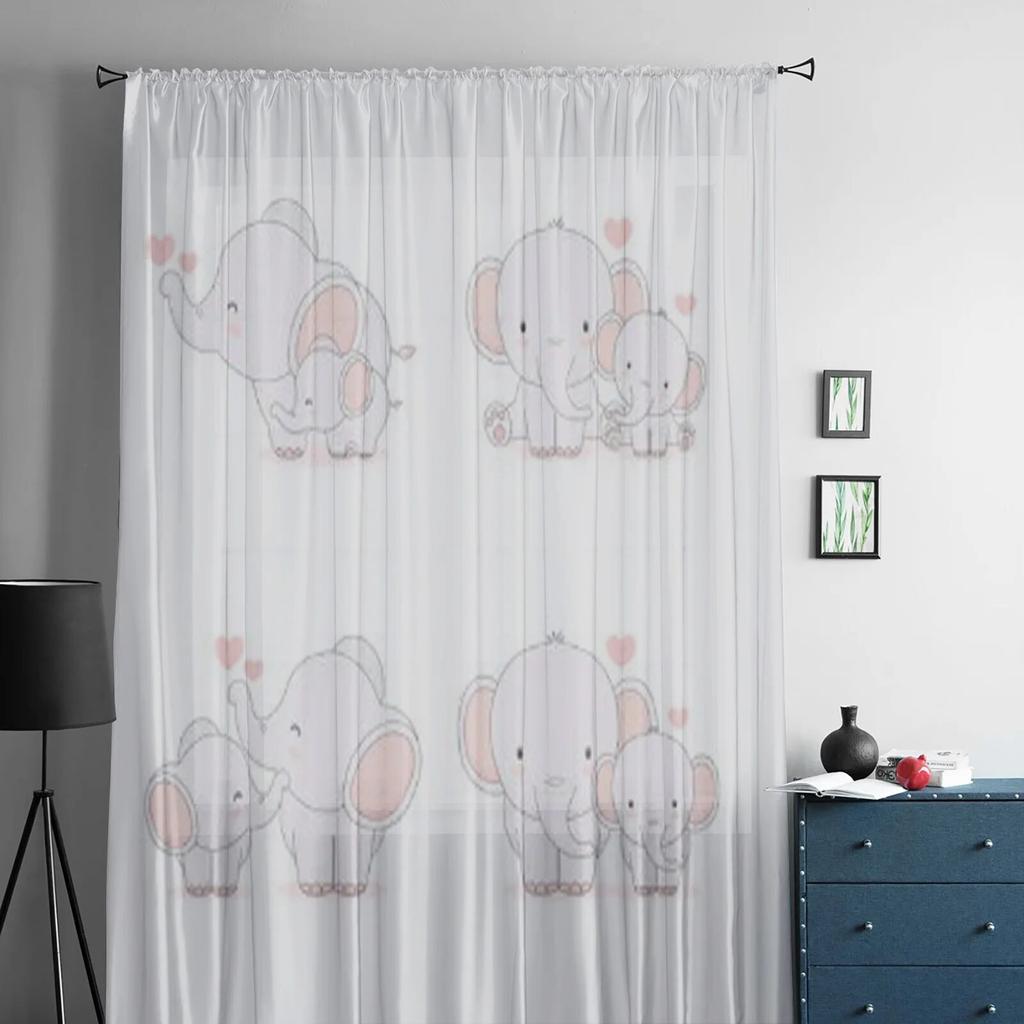 Elephant Mom And Baby Tulle Sheer Curtains For Kitchen Window Living Room Modern Voile Curtain Bedroom Drapes
