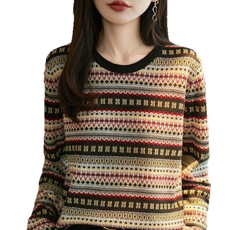 

Новый ретро жаккардовый свитер с круглым вырезом, свободный, в полоску, в этническом стиле для женщин на начало осени XL