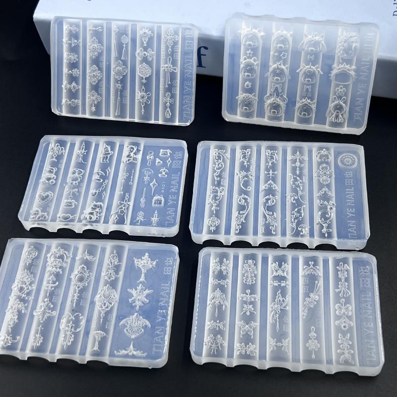 1/6Pcs 3D Silicone Nail Art Mold Retro Flower Vine Chinese Knot Transparent Reusable Nail Carving Stencil For Diy Manicure