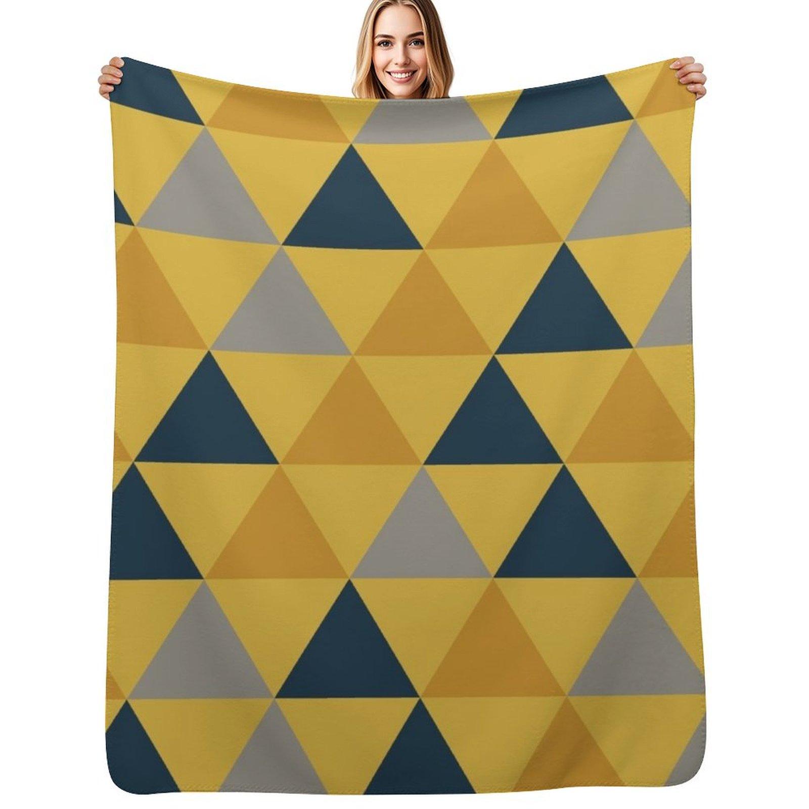 Triangular: Dark Mustard Yellow, Light Mustard Yellow, Navy Blue, and Grey Minimalist Geometric Pattern Throw Blanket Size: 75*100cm, Weight: 230 GSM