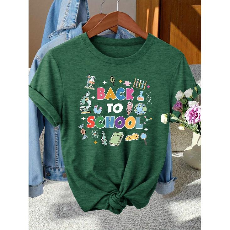 Back-to-School Season Fashionable and elegant style BACK TO SCHOOL Colorful letter pattern printed round neck short sleeve shirt T Women s S темно-зеленого