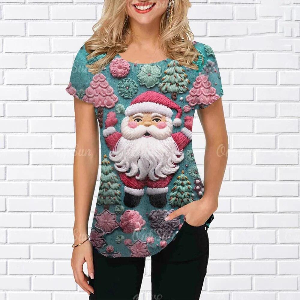 Summer Round Neck 3D Christmas Print Top Fashionable Casual Short Sleeved Women's T-shirts