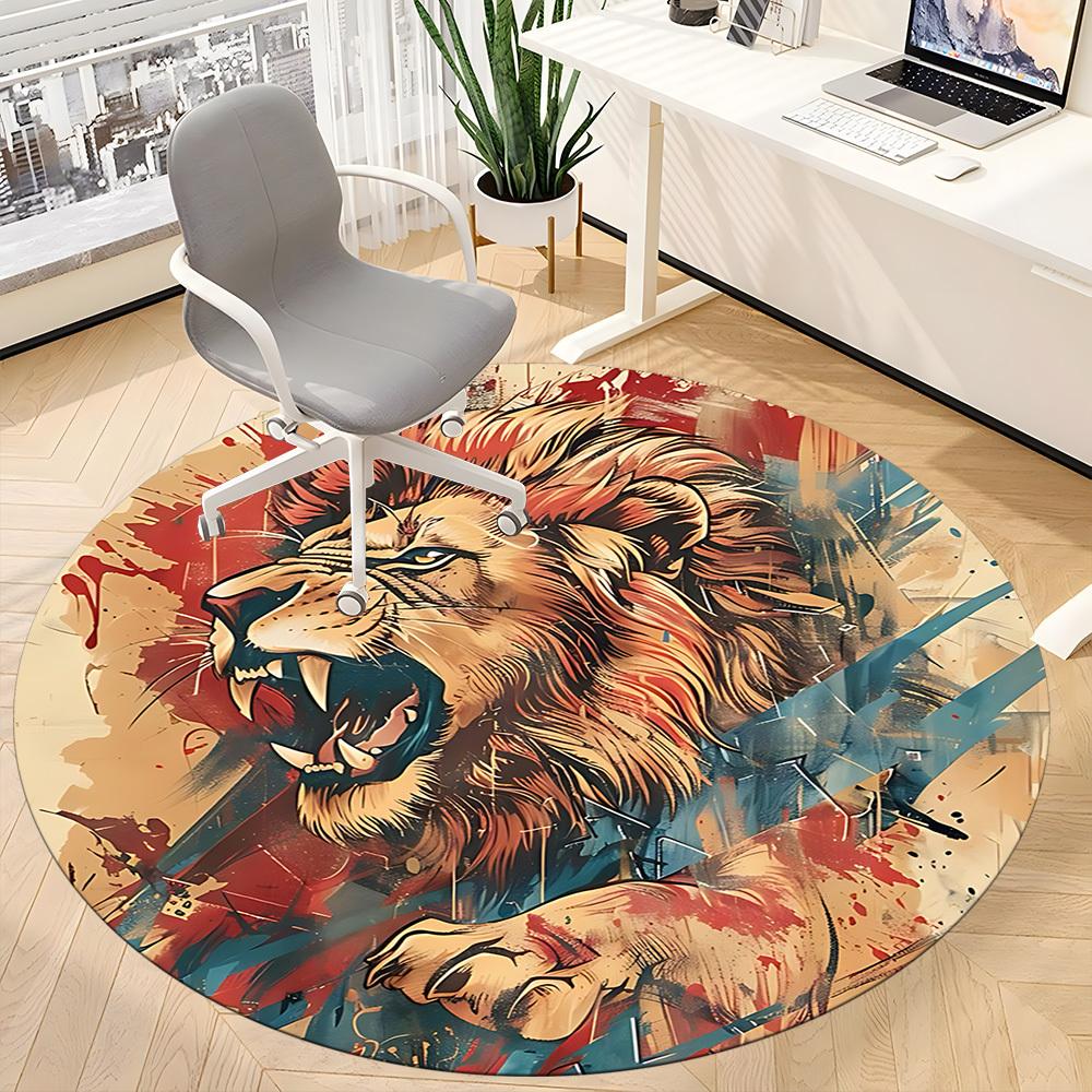 1PC Lion Roar Office Round Area Rug,  Mat Suitable ForOffice, Under Office Chairs Bedroom Living Room Home Decor, Room Deco