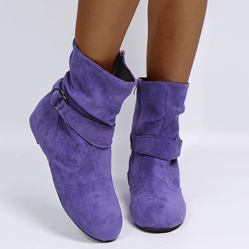 Martin Boots Fashionable Plus Suede Flat Bottomed Belt Buckle Women's Short Boots with Sleeves Round Toe Women's Boots