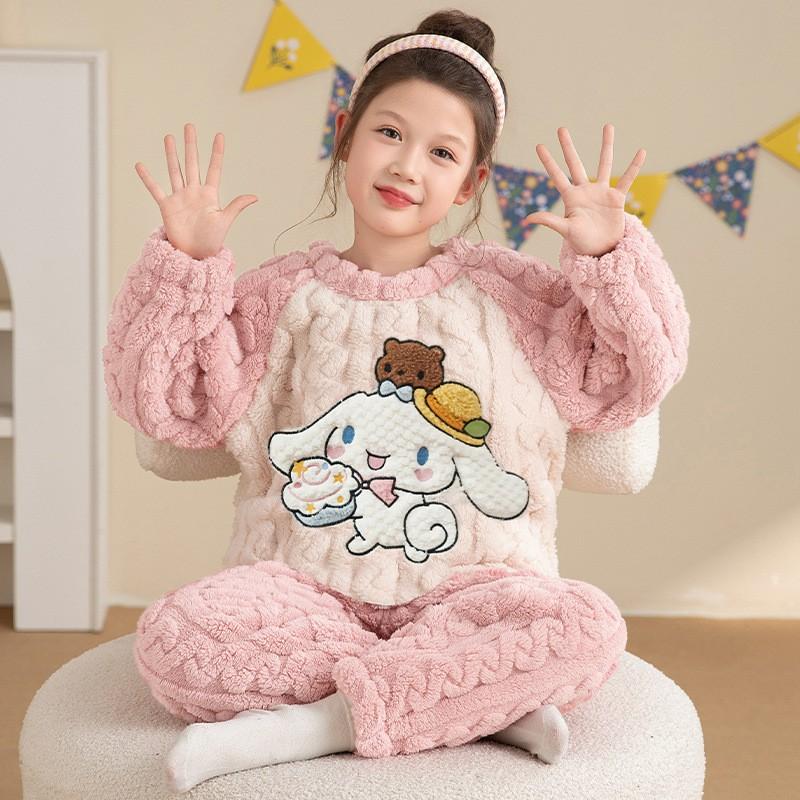Girls Winter Coral Fleece Pajama Set Cartoon Animal Print Thick Warm Sleepwear Ages 8